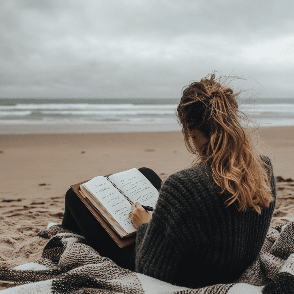 Person writing in a journal with old photos nearby