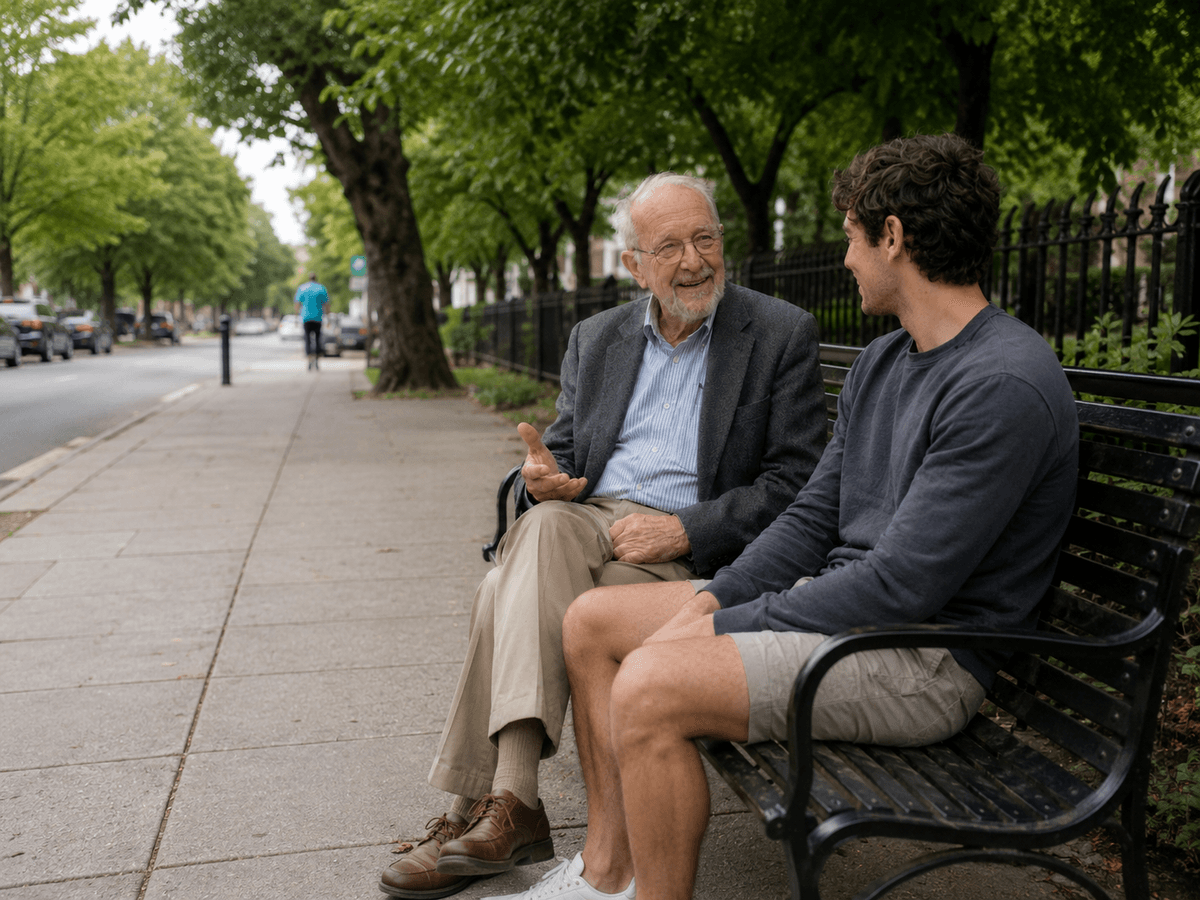 Grandfather and his grandson talking on a park bench, sharing life stories
