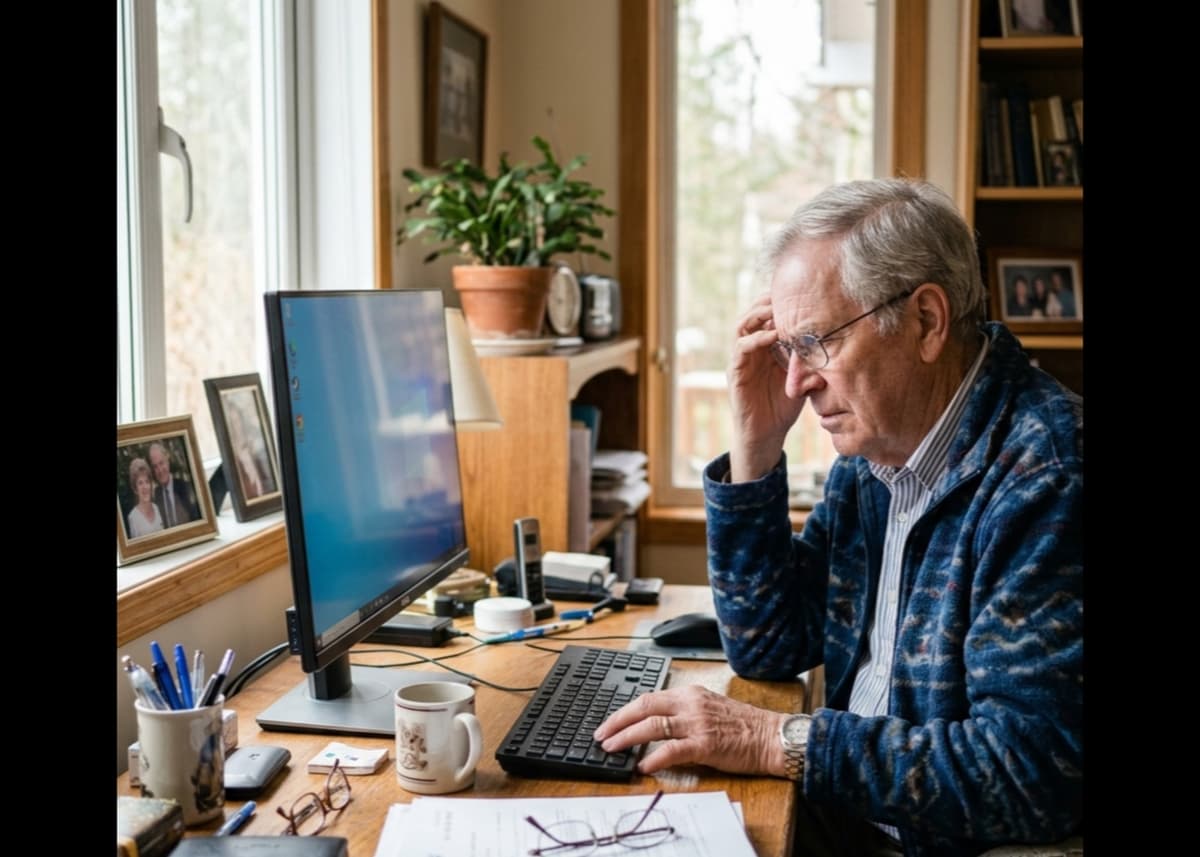 Older man looking frustrated while typing at a home computer