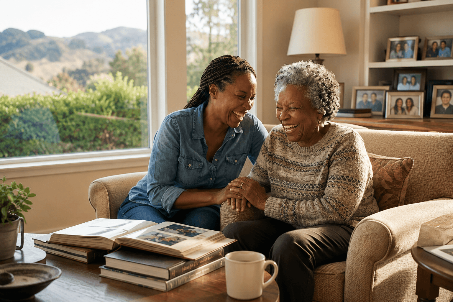 Adult daughter and her elderly mother laughing together over family photo albums
