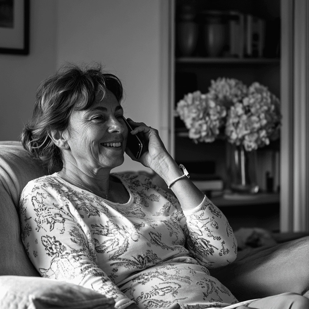 A woman comfortably talking on a phone, sharing family memoris